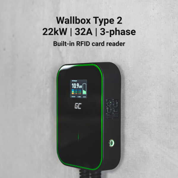 green-cell-wallbox-22kw-gc-powerbox-rfid-charger-ev-for-tesla-model-s-3-x-y-vw-id3-id4-fiat-500e-kia-ev6-ford-mach-e evcharger socket rfid